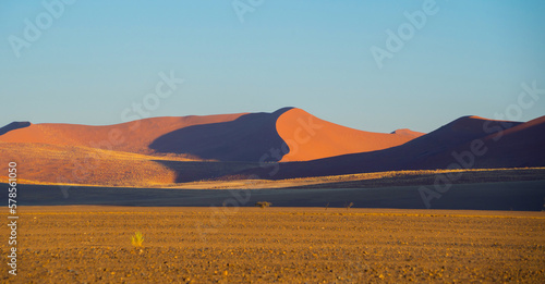 Namib Desert Safari with sand dune in Namibia, South Africa. Natural landscape background at sunset. Famous tourist attraction. Sand in Grand Canyon photo