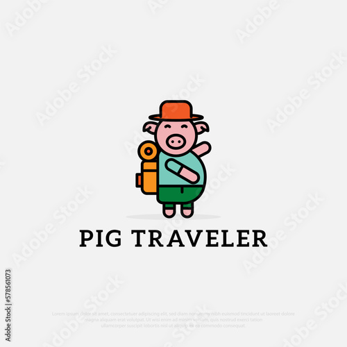 Pink piggy bank wear hat with travel bag logo vector. The creative concept of traveling. cute cartoon vector flat style illustration