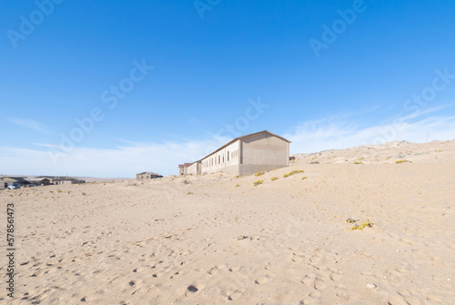 Exterior of Kolmanskop, The abandoned houses. the famous tourist attraction in Namibia, South Africa. Empty sand dune in home room . The ghost town.