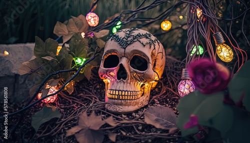 illustration of skull with flower decoration, idea for Day of the Dead of just horror romantic theme, Generative Ai © QuietWord