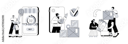 Purchase process abstract concept vector illustration set. Order processed, complete, cash on delivery, online store, e-commerce website, shipping details, delivery service abstract metaphor.