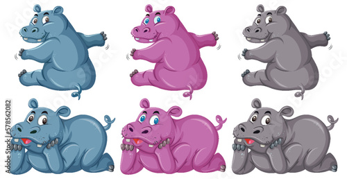 Set of cute hippopotamus cartoon character in different pose