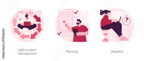 IT project delivery abstract concept vector illustration set. Agile project management, planning and deadline, software development, scrum workflow, problem solving, work time abstract metaphor.
