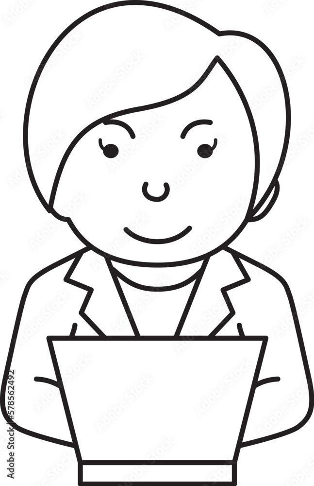 パソコンの前の笑顔のビジネスマン-女性-線画
