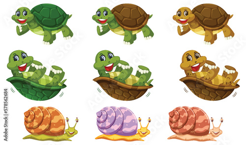 Set of turtle and snail cartoon character