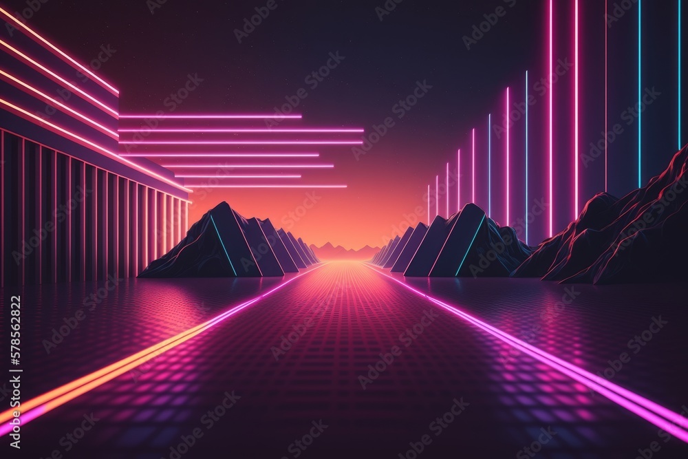 Futuristic corridor with glowing neon lights. Generative AI