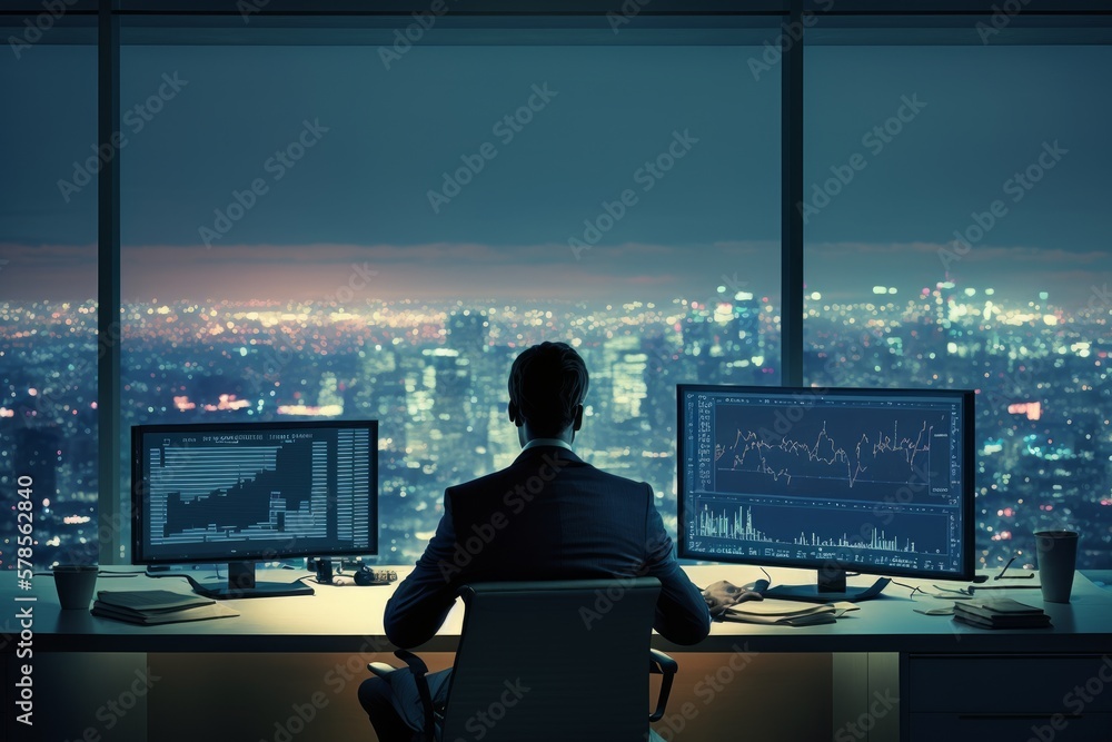 Rear view of a businessman sitting in a modern office and looking at the night city. Generative AI Rear view of a businessman sitting in a modern office and looking at the night city. Generative AI