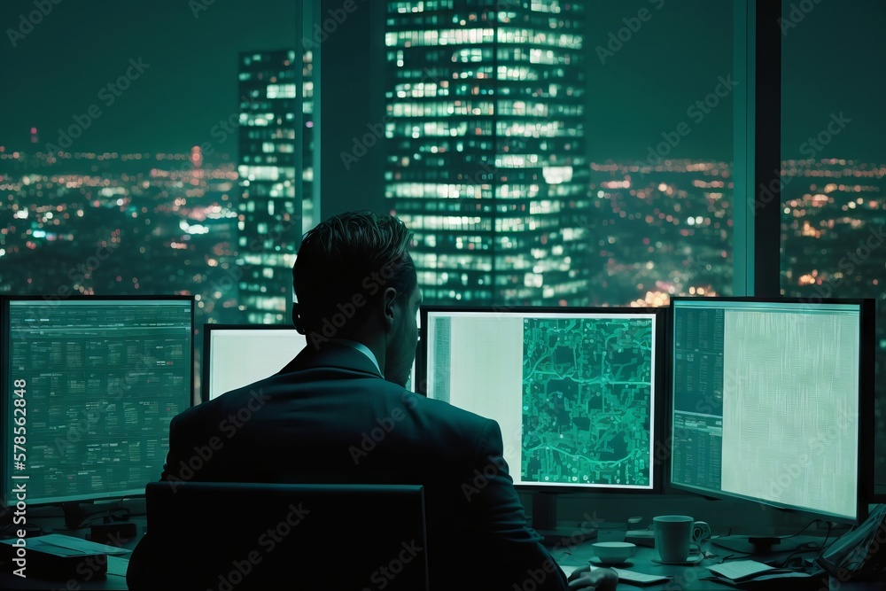 Businessman looking at multiple computer screens in a modern office at night. Generative AI
