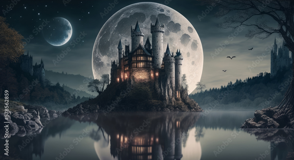 Fantasy landscape with castle and full moon. Generative AI