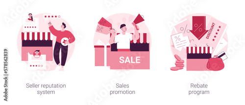 Retail sales strategy abstract concept vector illustration set. Seller reputation system, sales promotion, rebate program, advertising campaign, top rated product, discount coupon abstract metaphor.