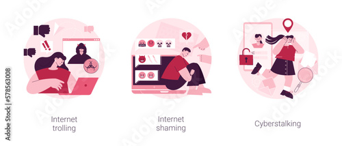 Social media aggressive behavior abstract concept vector illustration set. Internet trolling, digital shaming, cyberstalking, internet harassment, mental abuse, cyber crime abstract metaphor.