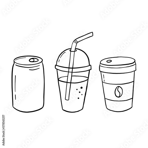 Lemonade in iron jar, cocktail in clear glass with straw and coffee to take away. Doodle vector icon isolated on white background.