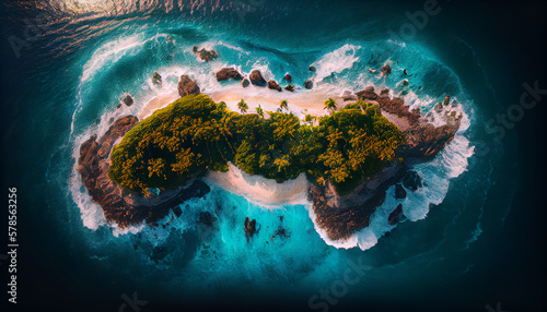 Overhead view of tropical island with blue water. Generative AI, AI