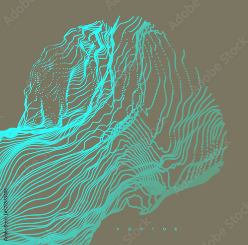 Array with dynamic emitted particles. Water splash imitation. Abstract background with dynamic particles. 3d vector illustration for brochure, poster, presentation, flyer or banner.