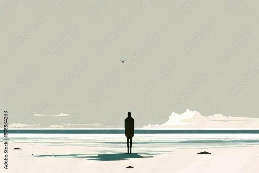An image of a person standing alone on a beach gazing out at the