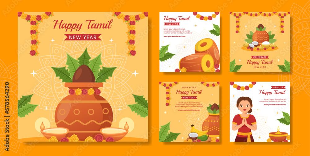 Fototapeta premium Happy Tamil New Year Social Media Post Flat Cartoon Hand Drawn Templates Background Illustration
