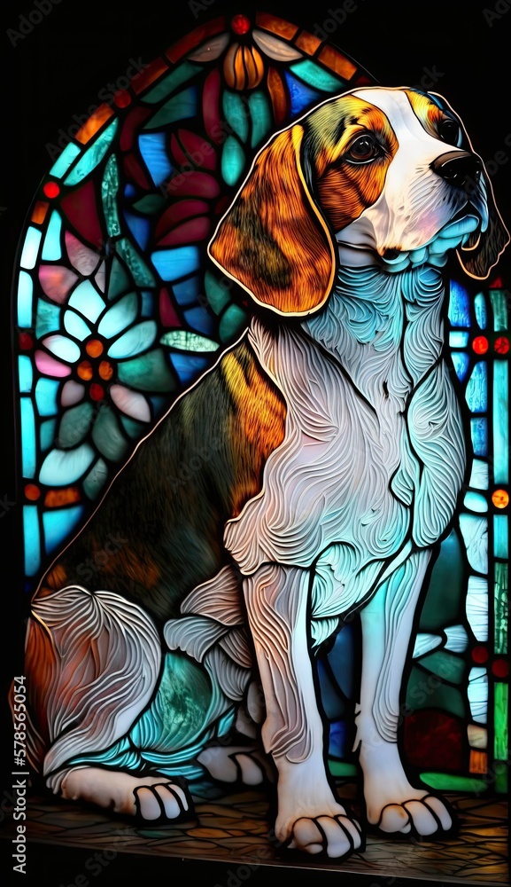 Artistic Beautiful Desginer Handcrafted Stained Glass Artwork of a Beagle dog Animal in Art Nouveau Style with Vibrant and Bright Colors, Illuminated from Behind (generative AI)