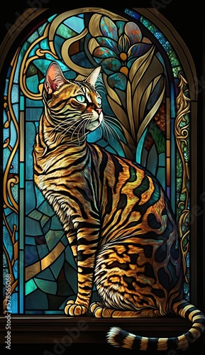 Artistic Beautiful Desginer Handcrafted Stained Glass Artwork of a Bengal cat Animal in Art Nouveau Style with Vibrant and Bright Colors, Illuminated from Behind (generative AI)