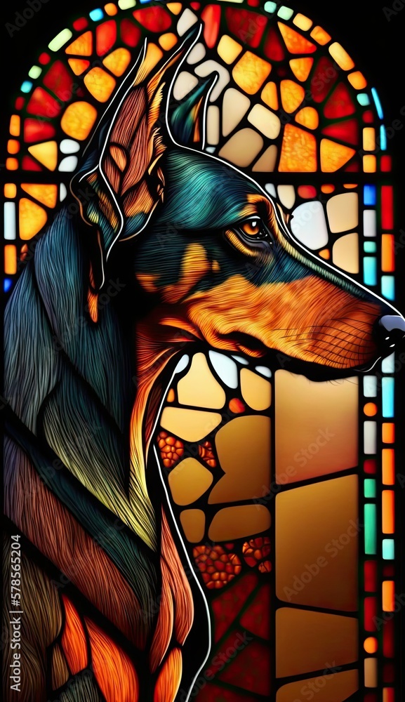 Artistic Beautiful Desginer Handcrafted Stained Glass Artwork of a Doberman Pinscher dog Animal in Art Nouveau Style with Vibrant and Bright Colors, Illuminated from Behind (generative AI)