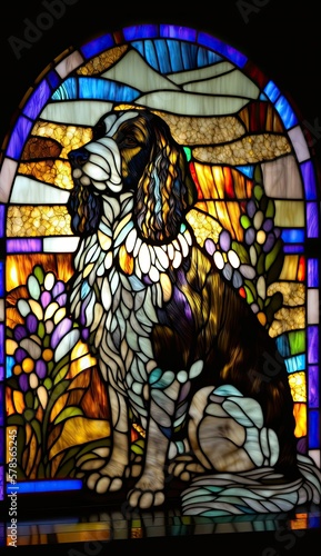 Artistic Beautiful Desginer Handcrafted Stained Glass Artwork of a English Springer Spaniel dog Animal in Art Nouveau Style with Vibrant and Bright Colors, Illuminated from Behind (generative AI)