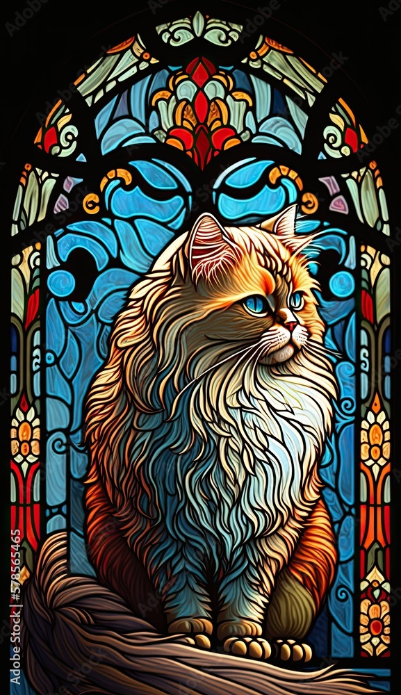 Artistic Beautiful Desginer Handcrafted Stained Glass Artwork of a Persian cat Animal in Art Nouveau Style with Vibrant and Bright Colors, Illuminated from Behind (generative AI) Artistic Beautiful Desginer Handcrafted Stained Glass Artwork of a Persian cat Animal in Art Nouveau Style with Vibrant and Bright Colors, Illuminated from Behind (generative AI)