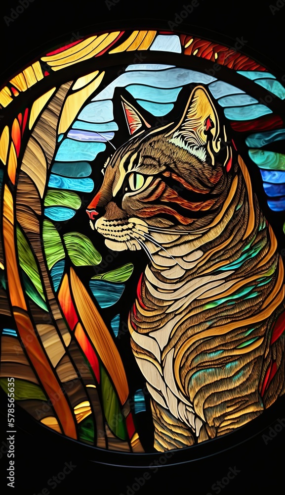 Artistic Beautiful Desginer Handcrafted Stained Glass Artwork of a Toyger cat Animal in Art Nouveau Style with Vibrant and Bright Colors, Illuminated from Behind (generative AI)