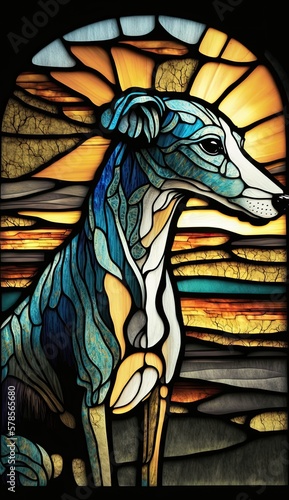 Artistic Beautiful Desginer Handcrafted Stained Glass Artwork of a Whippet dog Animal in Art Nouveau Style with Vibrant and Bright Colors, Illuminated from Behind (generative AI)