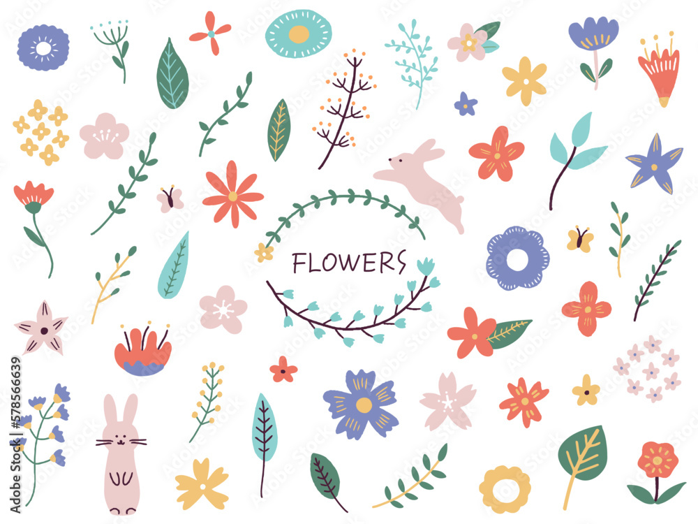 花と葉っぱのイラストセット	