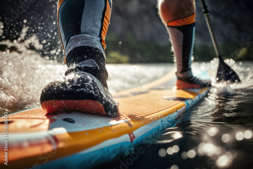 Closeup of legs Stand up paddle boarding on the waters. Evening paddleboard walk on a picturesque lake. 3D realistic illustration. Based on Generative AI