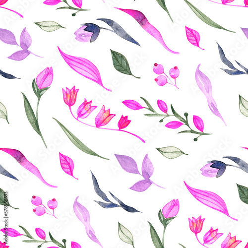 Watercolor floral botanical pattern and seamless background. Ideal for printing onto fabric and paper or scrap booking. Hand painted. Raster illustration.