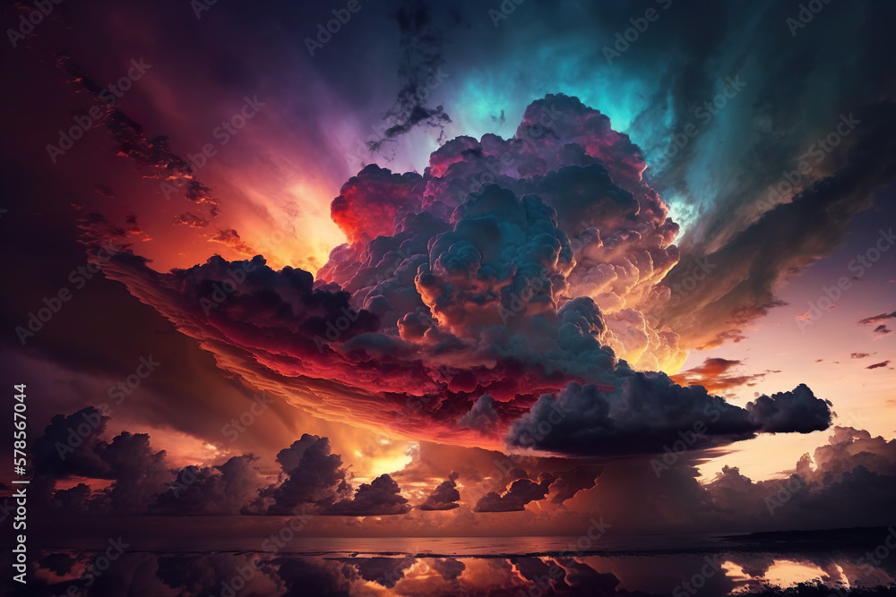 Illustration colorful dramatic sky with cloud at sunset. Sunset sky with pastel pink and purple colors sunset whit clouds. 3D realistic illustration. Based on Generative AI