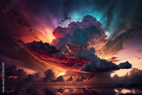 Illustration colorful dramatic sky with cloud at sunset. Sunset sky with pastel pink and purple colors sunset whit clouds. 3D realistic illustration. Based on Generative AI © Vagner Castro