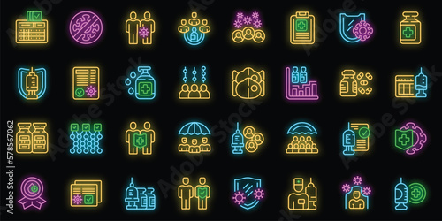 Herd immunity icons set outline vector. Disease control. Family immunity neon color on black