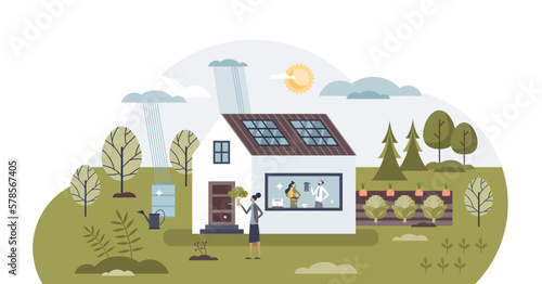 Green home with sustainable organic nature resource usage tiny person concept, transparent background. Renewable electricity production with solar roof panels illustration. Bio style house.