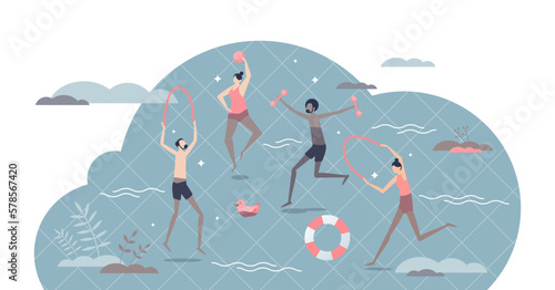Hydrotherapy and water cure for body disease treatment tiny person concept, transparent background. Physical exercise for health problem rehabilitation and healing with aquatic power illustration.