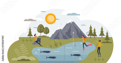 Limnology study as inland water and aquatic nature research tiny person concept, transparent background.