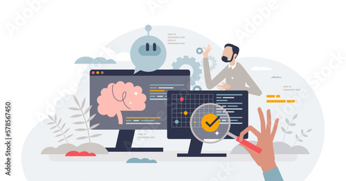 Machine learning engineer as AI tech professional staff tiny person concept, transparent background. Artificial intelligence monitoring, research and control.