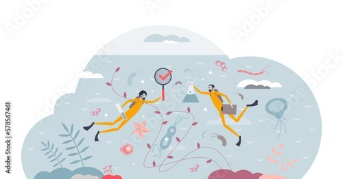 Marine biology and ocean wildlife exploration occupation tiny person concept, transparent background. Professional scuba science expedition to research river, sea creatures, plants.