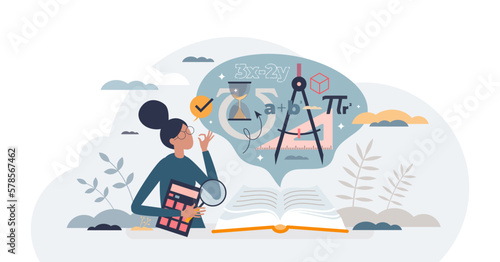 Math tutor and mathematics teacher explains equations tiny person concept, transparent background. School staff assistance for better knowledge acquisition and academic guidance illustration.