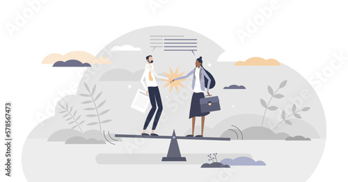 Negotiation about fair and equal business deal or contract details tiny person concept, transparent background. Agreement work solution.