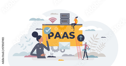 PAAS or platform as service model for software hosting tiny person concept, transparent background. Cloud computing support with digital systems, apps or applications support on demand illustration.