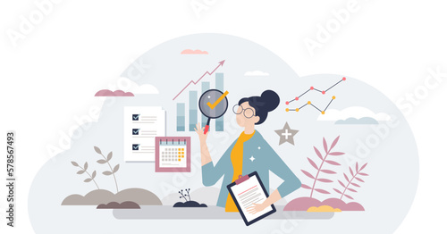 Performance reviews and annual business data evaluation tiny person concept, transparent background. Information about company rating with increasing appraisal illustration.