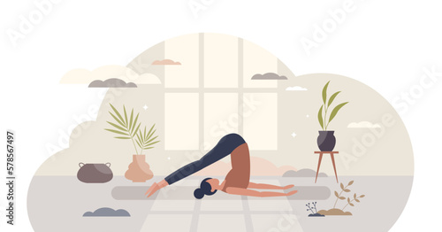 Pilates activity for muscle stretching and flexibility tiny person concept, transparent background. Sport exercising for endurance, wellness and strength illustration.