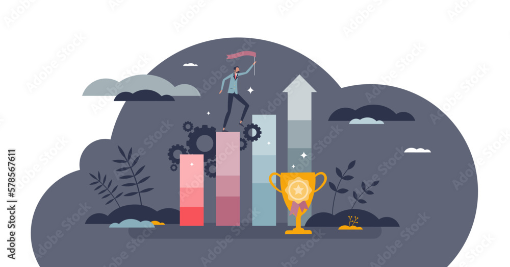 Achievement performance and successful growth progress tiny person concept, transparent background.Company sales and profit boost with increased development illustration. - obrazy, fototapety, plakaty 
