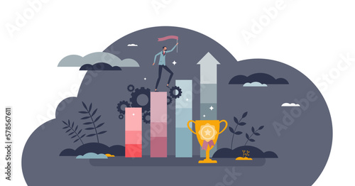 Achievement performance and successful growth progress tiny person concept, transparent background.Company sales and profit boost with increased development illustration.