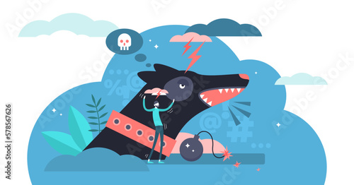 Aggressive illustration, transparent background.Flat tiny angry emotion persons concept.Wild violence attack with scary dog predator weapon.