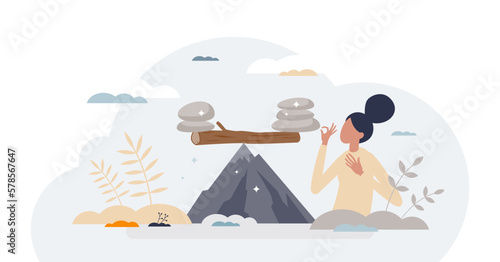Balance of nature as climate sustainability and harmony tiny person concept, transparent background. Equilibrium with all processes as weight with pebbles illustration.