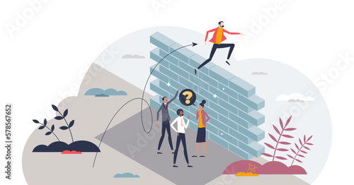 Barrier to competition and obstacles for achievement tiny person concept, transparent background. Business challenge and hold back situation because of prejudice and inequality illustration.