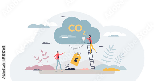 Carbon tax payment and cost for fossil CO2 emitting tiny person concept, transparent background. Environmental protection with dioxide gas financial price fee illustration.