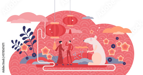 Chinese New Year celebration with the White Metal Rat zodiac, flat tiny person concept illustration, transparent background. Asian culture tradition, colorful festive yearly event.